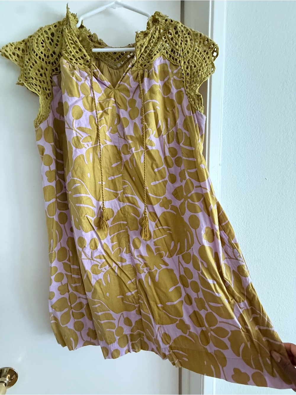 THML Women’s Sleeveless Crochet Yoke Floral Tunic in Mustard and Light Pink